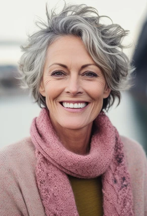 Smiling woman with short gray hair wearing pink scarf outdoors